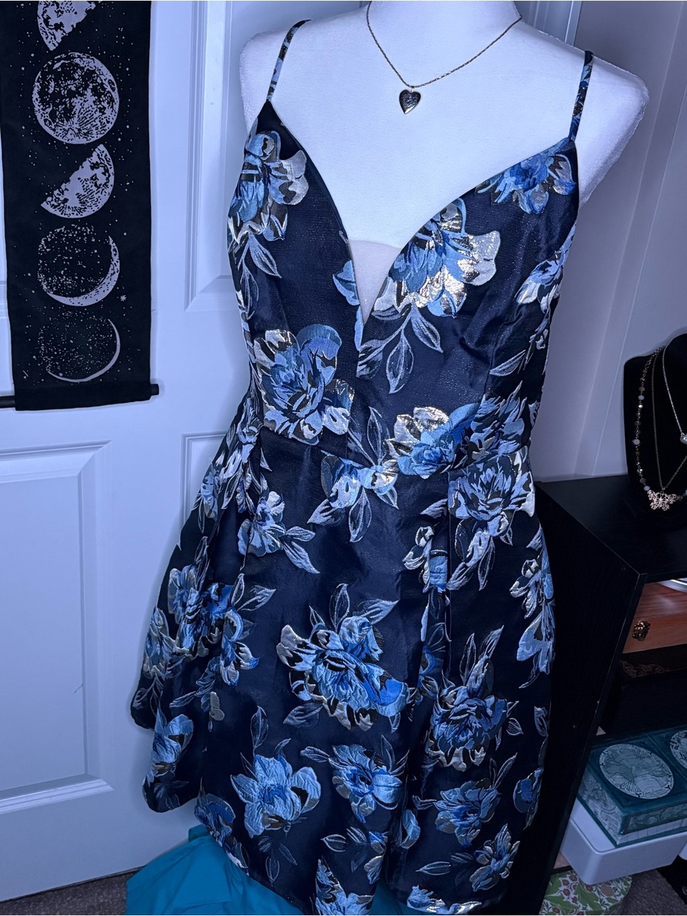 Navy Blue Floral Fit & Flare Spaghetti Strap Dress